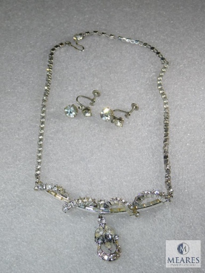 Vintage Rhinestone Necklace And Earrings Set - Screw Back Earrings