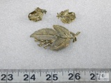 Vintage Leaf Brooch And Earrings With Clip Backs