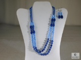 Lapis Blue Crystal Fashion Jewelry Set with Double Strand Necklace and Earrings