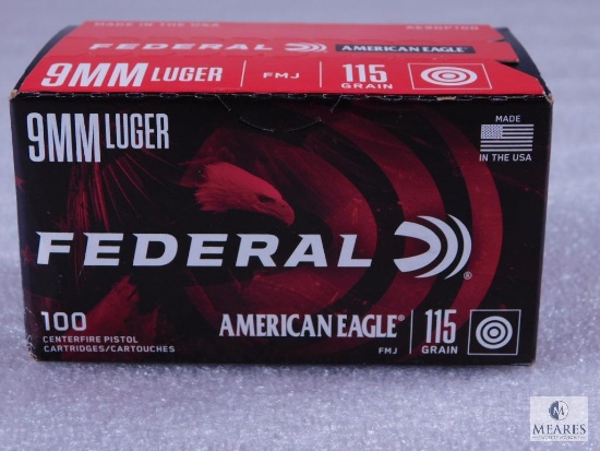 100 Centerfire Pistol Rounds Federal American Eagle 9mm Luger FMJ 115 Grain Target