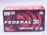 100 Centerfire Pistol Rounds Federal American Eagle 9mm Luger FMJ 115 Grain Target