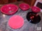 Set of Three Corningware Red Glass Mixing Bowls, Glass Plates and Red Plate