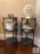 Lot of Two Wrought Iron Plant Stands with Porcelain & Tin Decorations