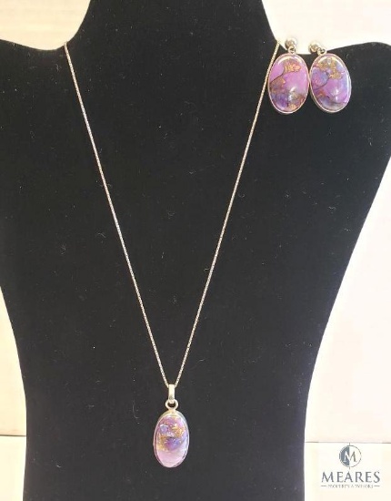 Cabochon Style Stones Set in Sterling Silver Necklace and Earring Set