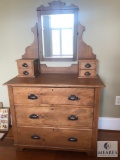 Three-Drawer Pine Wood Dresser with Mirror