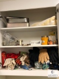 Laundry Room Cabinet Lot - Assorted Work Gloves, Stainless Pans and more