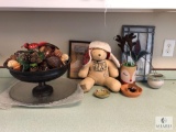 Shelf Lot of Decorations - Bowl, No Frills Bear, Pottery, Stained Glass and more