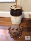 Antique Pottery Butter Churn #4 and Chubby Garden Toad Decoration