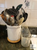 Pottery Canister with Assorted Kitchen Utensils and Tray of Mixing Beaters