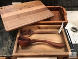 Lot Wood Cutting Board, Utensils and Two Serving Trays