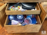 Kitchen Cabinet Lot - Assorted Pans, Storage Containers and Kitchen Linens