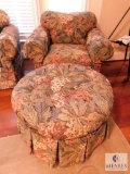 Park Place Furniture Green Floral Upholstered Occasional Chair and Round Ottoman - Like New