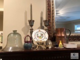 Decoration Lot - Copper Picture, Candle Sticks, Glass Globe, Pottery and Thomas Kinkade Coasters