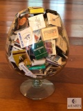 Large Brandy Glass Goblet with Collection of Vintage Advertising Matchbooks