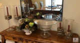 Table Lot - Large Clear Glass Candle Holders, Bowl, and Faux Flower Arrangement