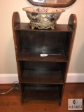 Vintage Four-Tier Wood Bookshelf with Beautiful Porcelain Bowl