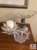 Lot Glass Candle Holder, Pedestal Bowl, and Small Basket with Handle