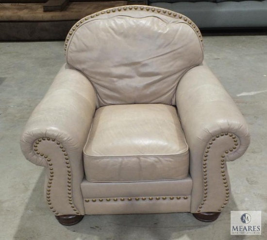 Lane Furniture Beige Leather Oversized Chair with Brass Hobnail Accents