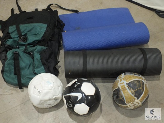 Lot of Three Soccer Balls, Two Yoga Mats and Hiking Backpack