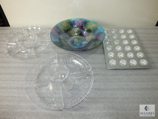 Lot - Large Colorful Glass Bowl, Mini Muffin Tin and Two Plastic Serving Trays