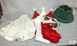 Lot Christmas Tree Base, Skirt, Hats and Stockings