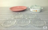 Lot Pink Fiesta Platter and Corning Ware Lidded Dish plus Five Glass Saucers