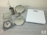 Bathroom Lot - Scale, Vanity Mirrors, Clock, Stainless Cup and Glass Dish