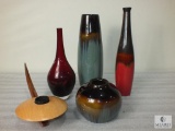 Lot of Five Assorted Decorative Vases - Glass, Pottery and Wood