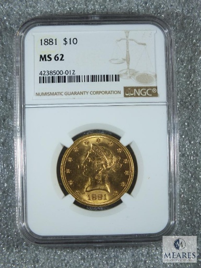 NGC Graded 1881 US $10 Gold Eagle - MS62