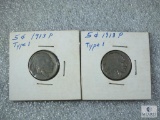 Lot of Two 1913-P Type I Buffalo Nickels
