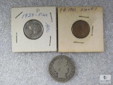 1939 Jefferson Nickel, 1941 Lincoln Wheat (Slant 1) and 1904 Barber Half Dollar