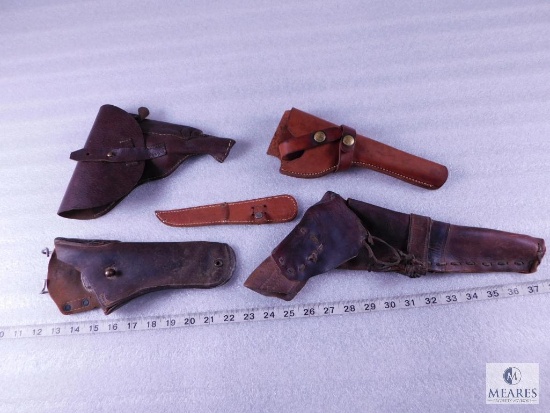 Lot of 4 Assorted Leather Gun Holsters & 1 Knife Sheath