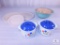 Set of 3 Vintage Pyrex Glass Mixing Bowls with Lids & 2 Small Crocks