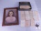 Vintage Lot Tin Box with Antique Deeds & Papers and Old Framed Lady Photograph