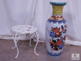 Cast Iron Plant Stand and Large Oriental Style Porcelain Vase