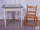 Small Hand-Painted Wood Desk & Childs Wooden Slat Chair