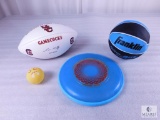 Lot of Sports Items - Basketball, Football, Frisbee and Stress Ball