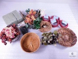 Lot of Decorations - Glass & Rubber Grapes, Baskets, Floral, Paper Ribbon and More