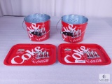 Lot of (2) Coca-Cola Metal Buckets & (2) Tin Trays