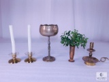 Lot Assorted Brass Candlesticks, Pedestal Bow and Copper Vase