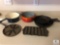 Lot of Vintage Cast Iron Skillets (6, 8, 10) & Cornbread Molds and Enamel Pots