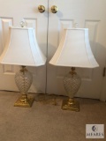 Pair of Glass or Crystal Base Table Lamps with White Shades