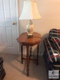 Vintage Wood Spindle Leg Side Table with Ceramic Base Lamp