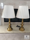 Pair of (2) Brass Base Table Lamps with White Shades