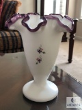 Fenton Hand Painted Signed Plum Crest White Glass Vase