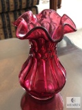 Fenton Cranberry Glass Ruffled Edge Vase