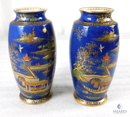 Pair of Vintage Carlton Ware Oriental Pattern W&R Stoke on Trent Vases