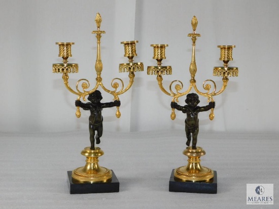 Antique Pair French Bronze Cherub Candelabras with Stone Bases