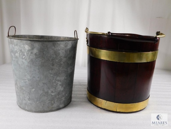 Antique English Wood and Brass Bound Bucket with Handle and Metal Liner Bucket