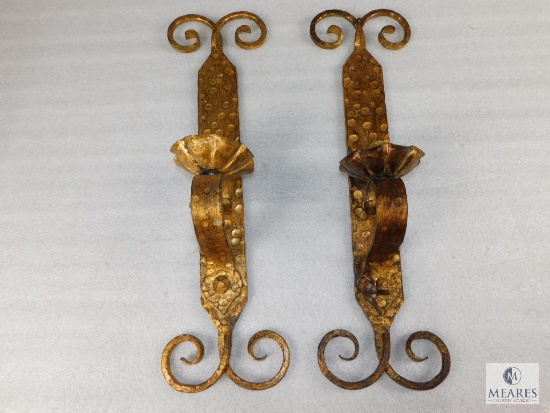 Pair Vintage Hammered Wrought Iron Wall Light Sconces